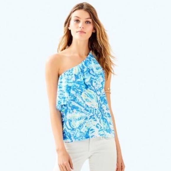Lilly Pulitzer Tops - Lilly Pulitzer Matteo One Shoulder Top Blouse Salty Seas Bennet Blue Large T1